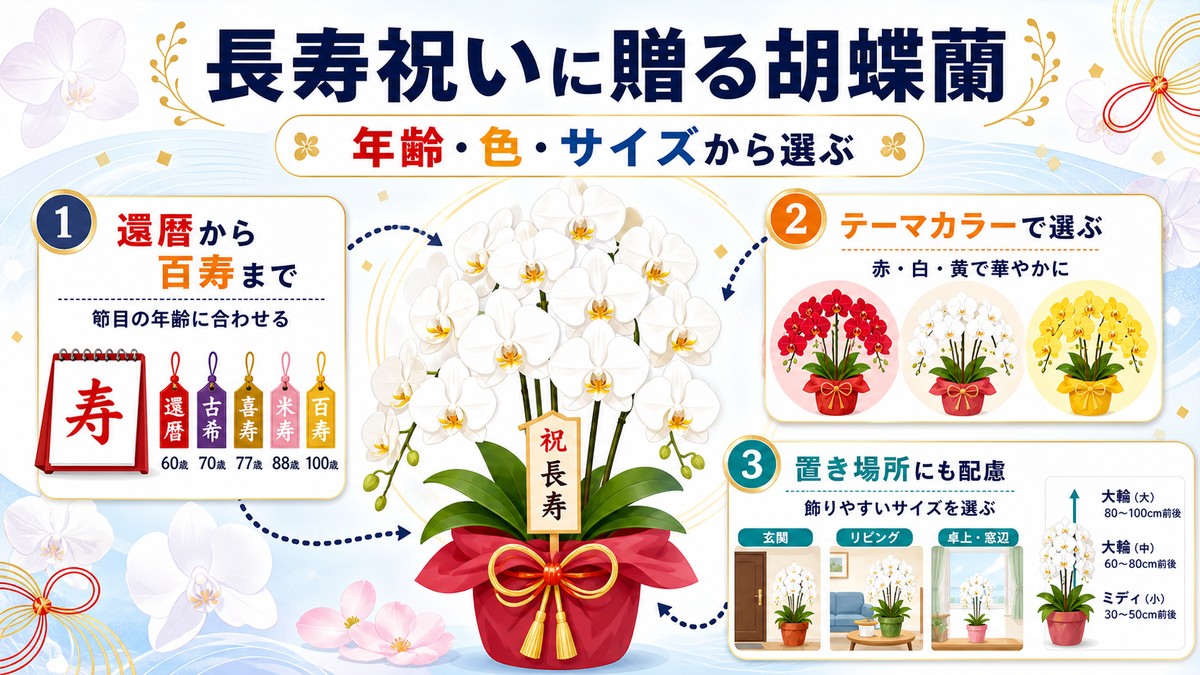 金屏風を背景に長寿祝いとして飾られた白とピンクの胡蝶蘭