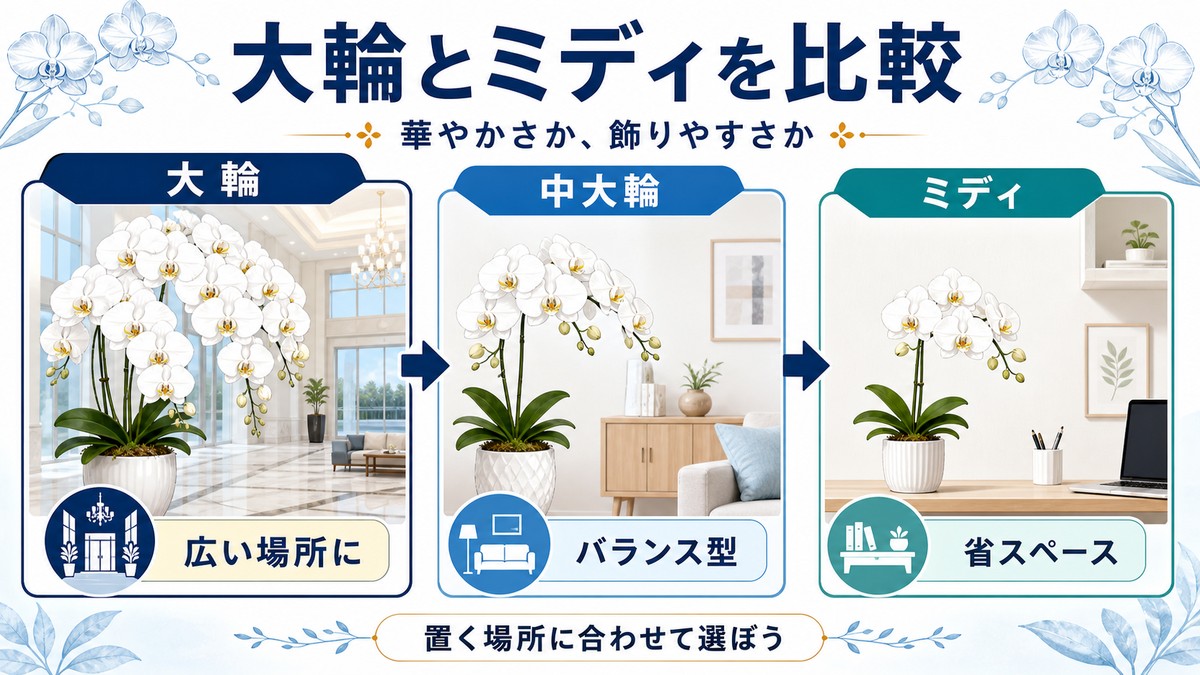 大輪胡蝶蘭とミディ胡蝶蘭の大きさや用途を比較した図