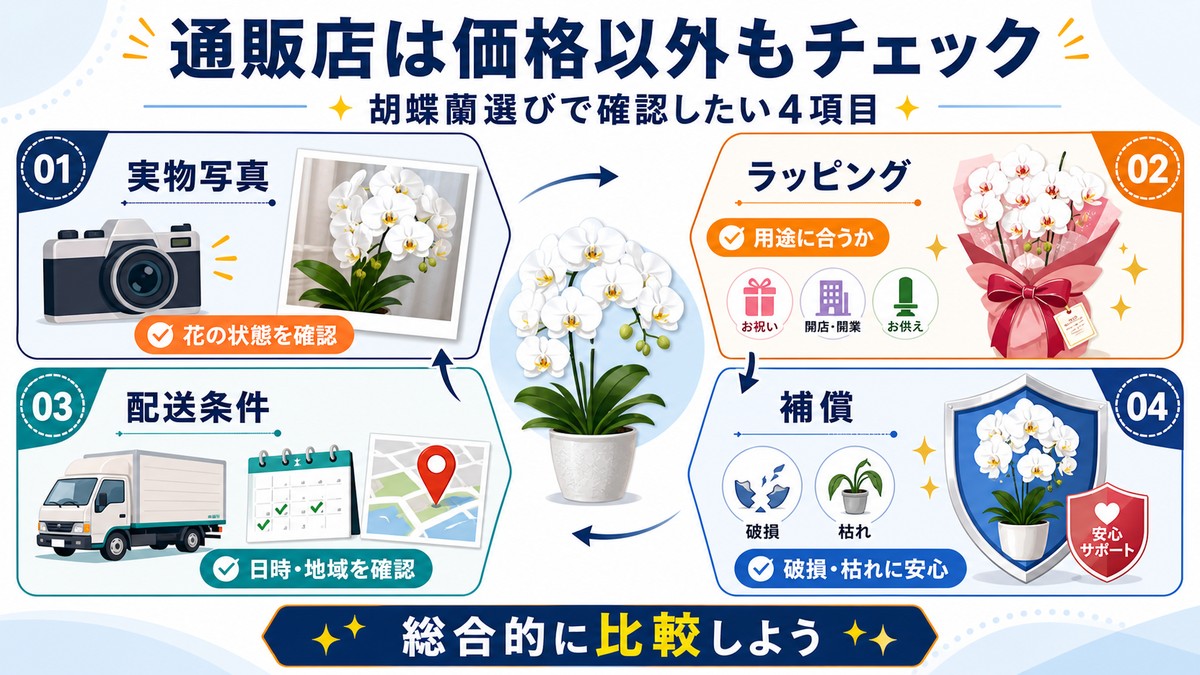 長寿祝い向け胡蝶蘭通販店で確認すべきサービス項目