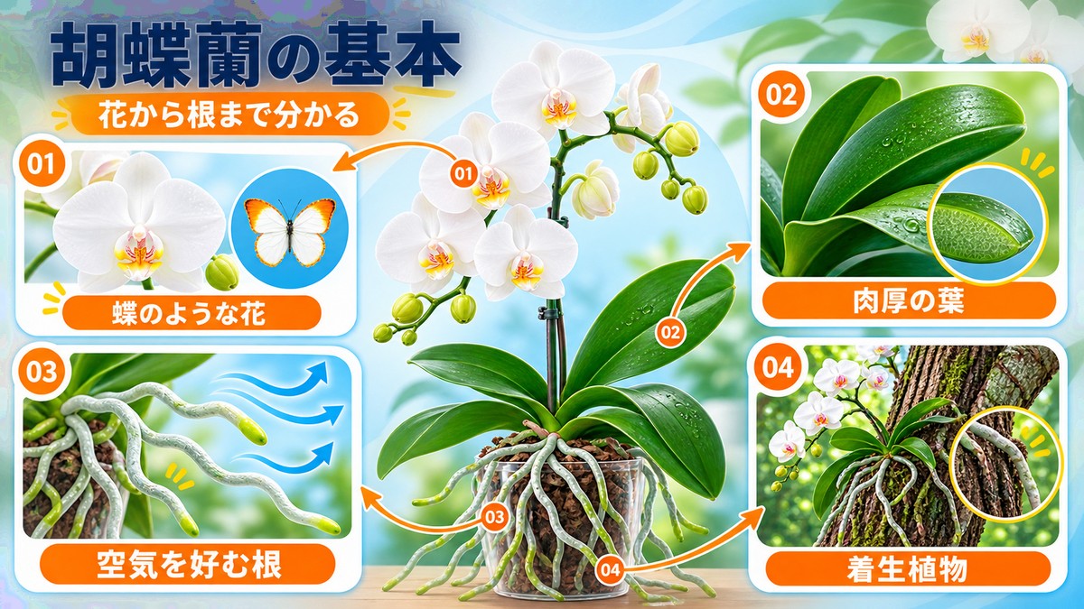 胡蝶蘭の花、葉、根、花茎の特徴を示す基礎図解