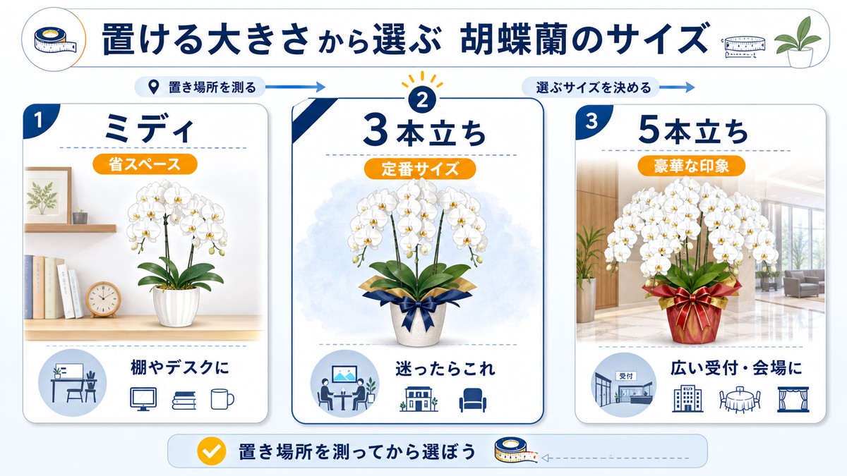 公演祝い向けの大輪3本立ちとミディ胡蝶蘭と5本立ちの比較