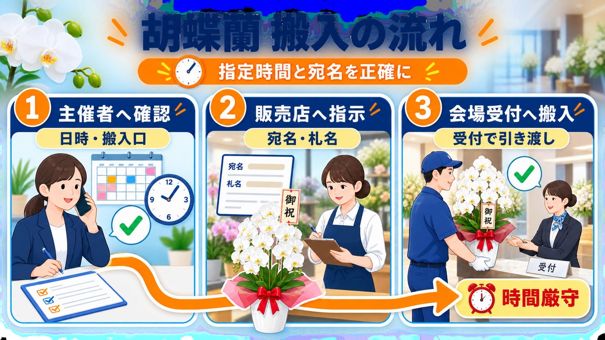 公演祝いの胡蝶蘭を劇場へ搬入する流れ