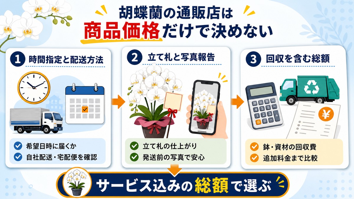公演祝い向け胡蝶蘭通販を配送や立て札や回収対応で比較する図