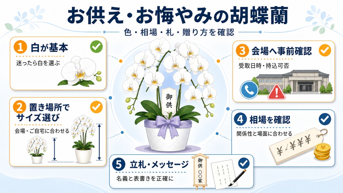 白いお供え用胡蝶蘭と落ち着いた弔事用ラッピング