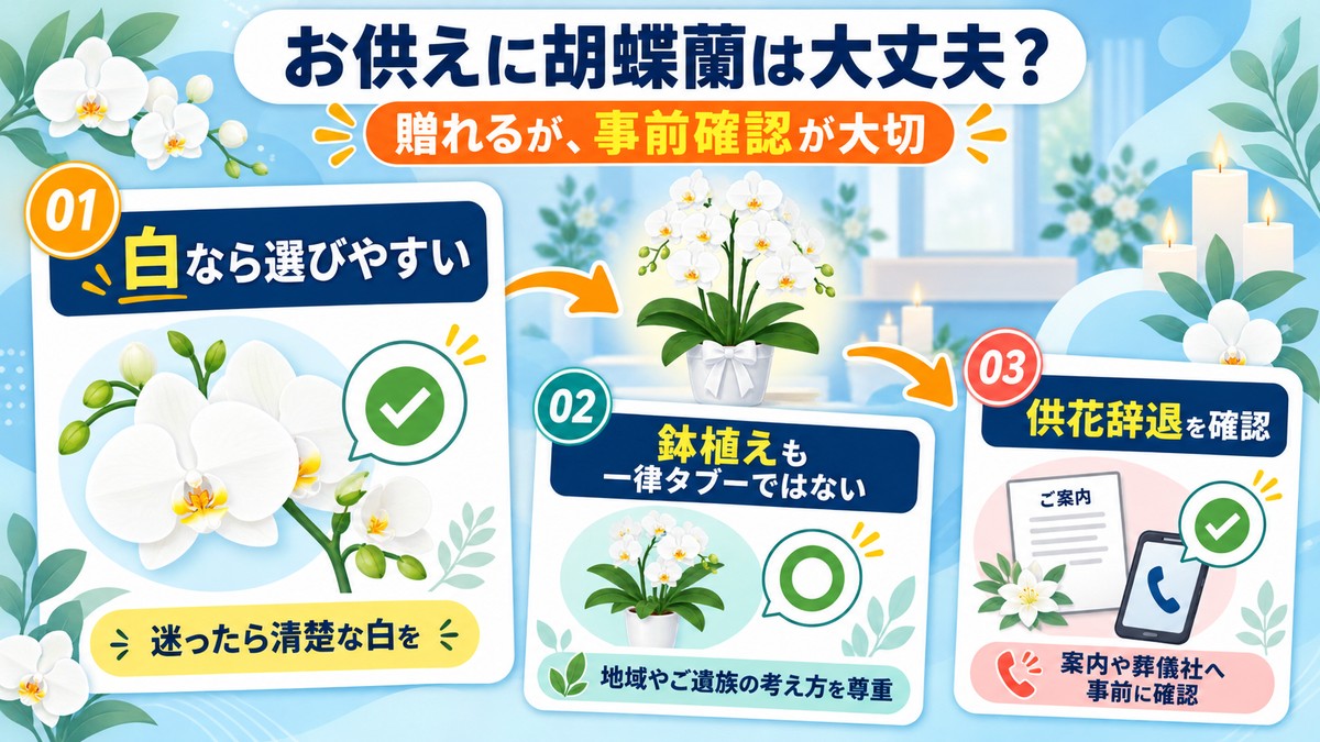 お供えに胡蝶蘭を贈る際の基本的な注意点を示す図解