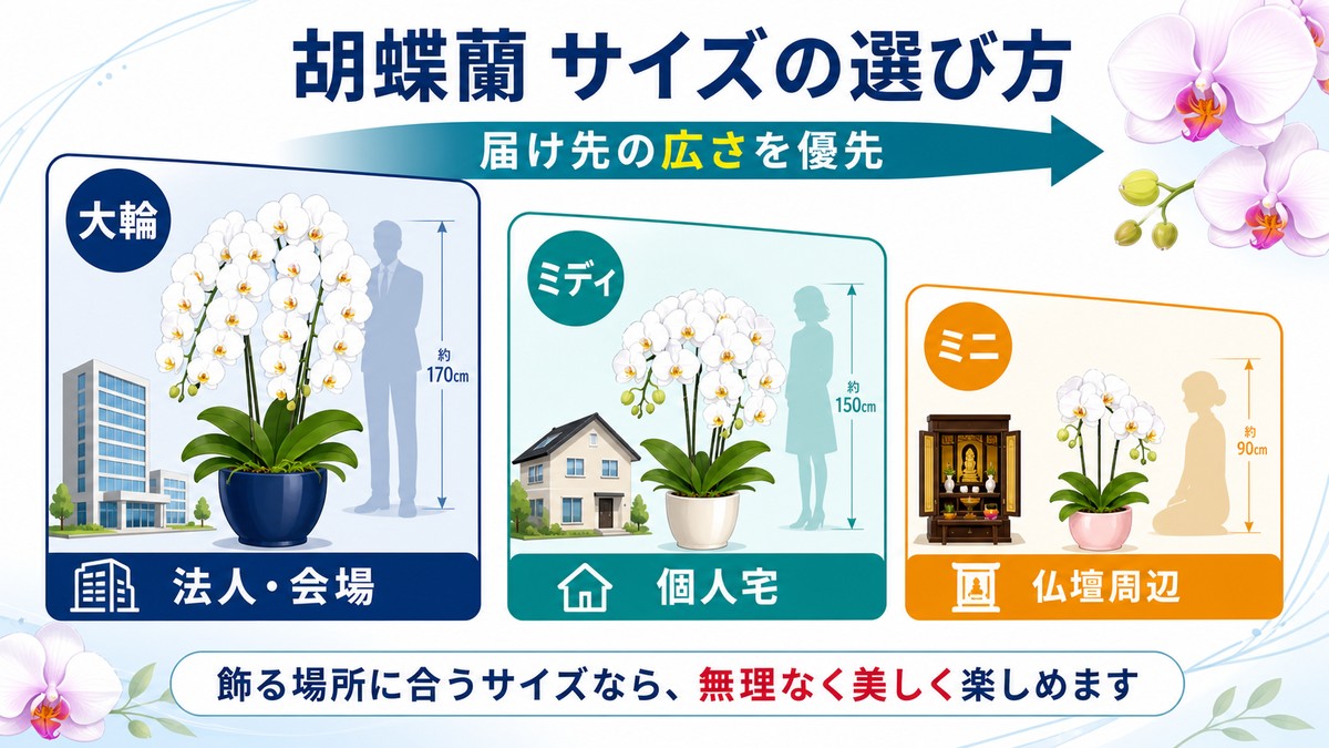 大輪とミディとミニのお供え用胡蝶蘭を比較する図解