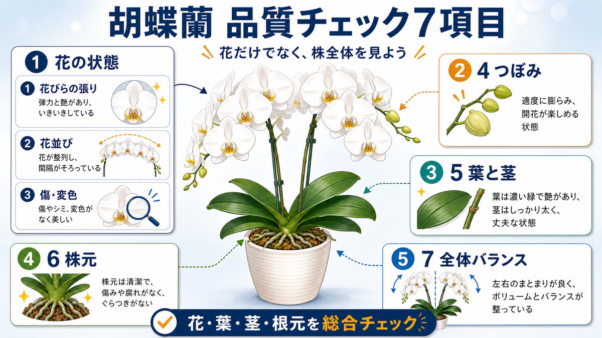 花・つぼみ・葉・茎から良い胡蝶蘭を見分ける図解