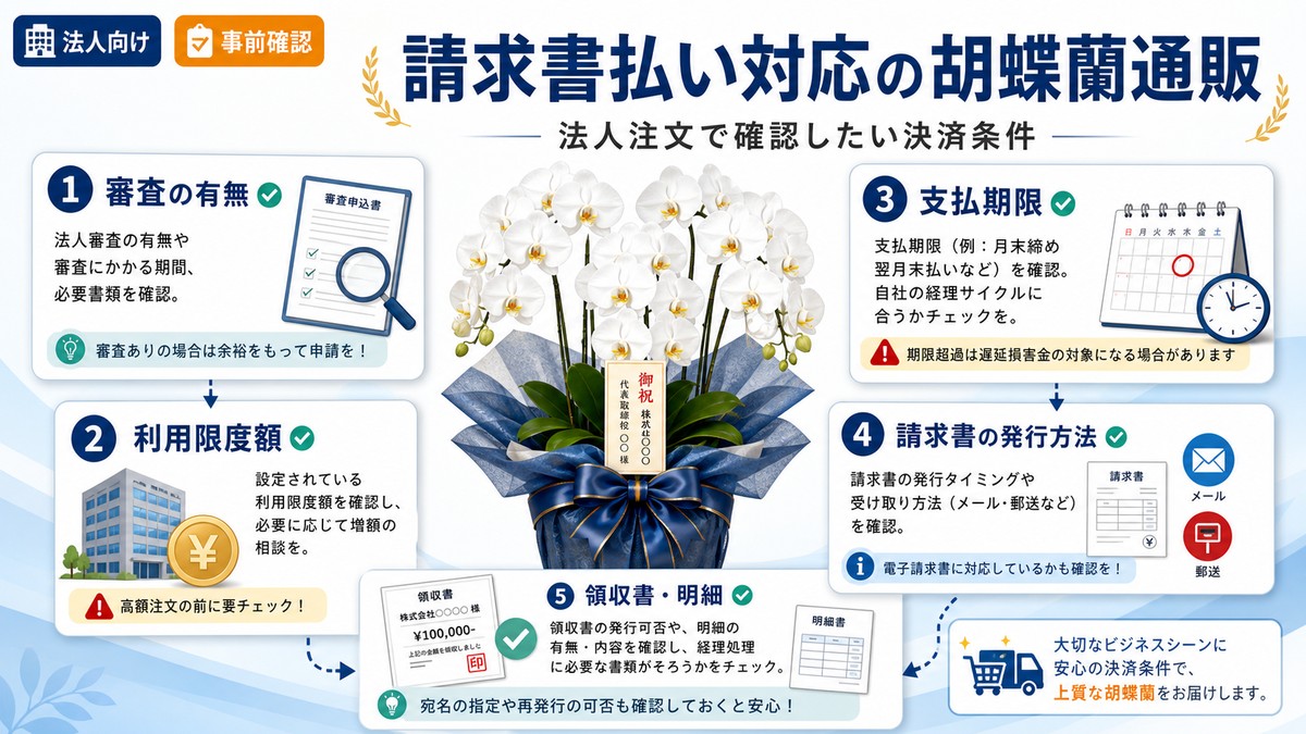 白い胡蝶蘭と請求書を確認する法人担当者のデスク