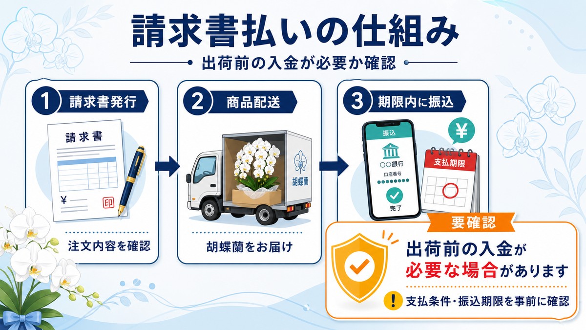 胡蝶蘭の請求書払いと銀行振込前払いの違いを示す図