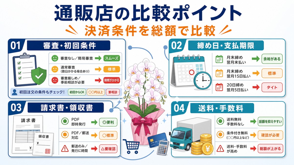 法人が胡蝶蘭通販の請求書払いを比較する8項目