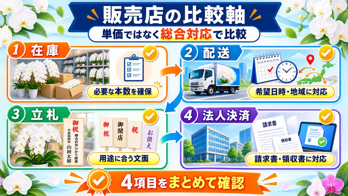 胡蝶蘭の大量注文に対応する販売店の比較項目