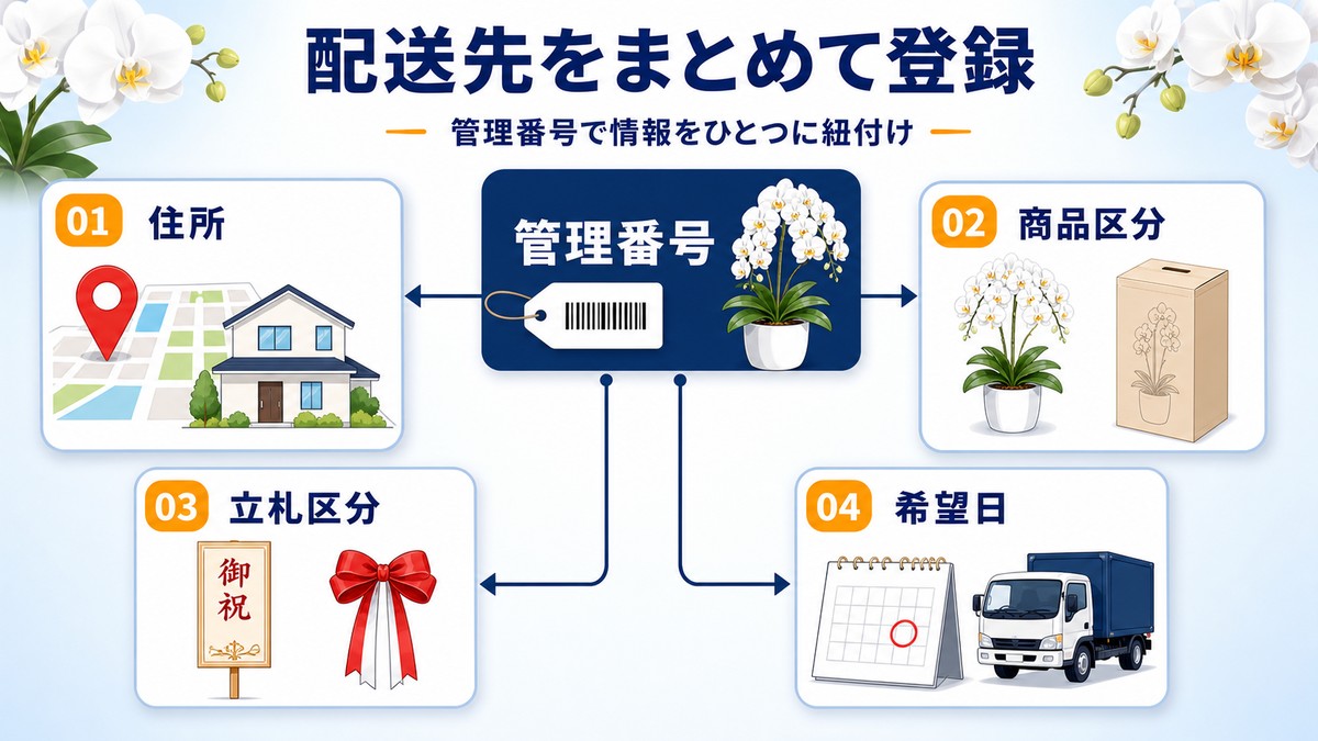 配送先一覧を使った胡蝶蘭の一括登録手順