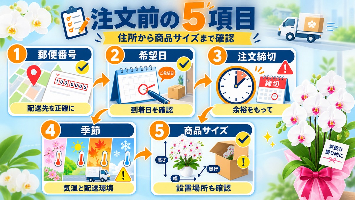 胡蝶蘭の全国配送で確認すべき項目の図解