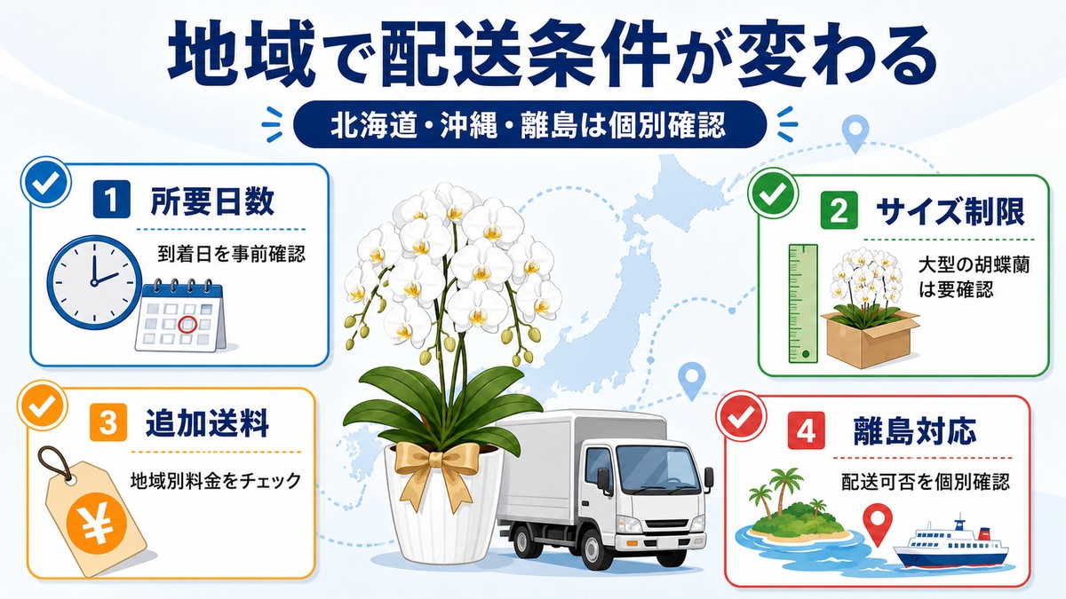 日本地図と胡蝶蘭の地域別配送注意点