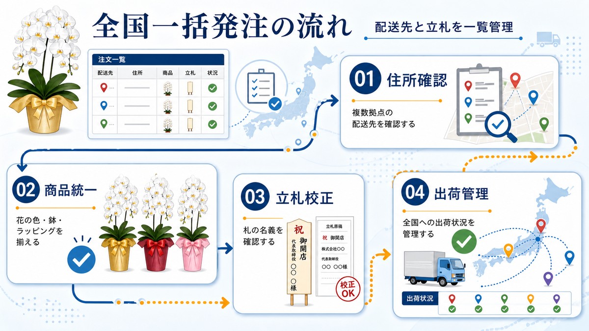 複数拠点へ胡蝶蘭を一括発注する手順