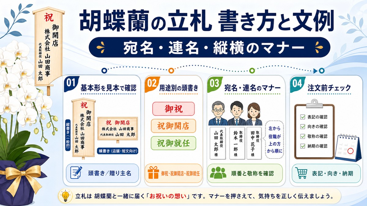 白い胡蝶蘭と木札を背景にした立札の書き方ガイド