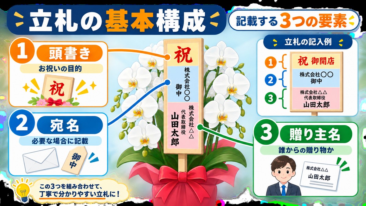頭書き、宛名、贈り主名からなる胡蝶蘭の立札構成図