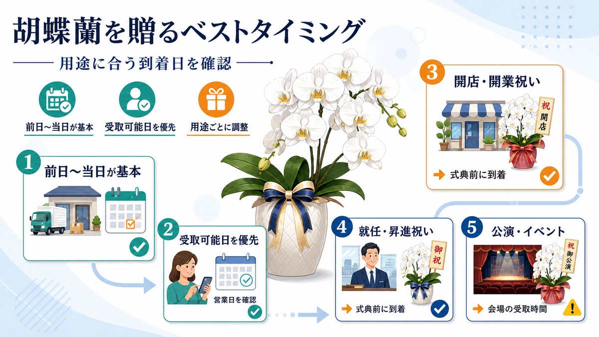 白い胡蝶蘭とカレンダーで贈るタイミングを表したイメージ