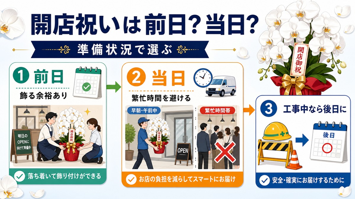 開店祝いの胡蝶蘭を前日と当日で比較した図解