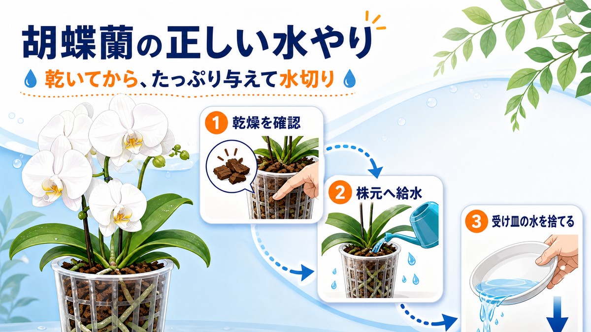 明るい室内で胡蝶蘭の鉢へ水やりをする様子