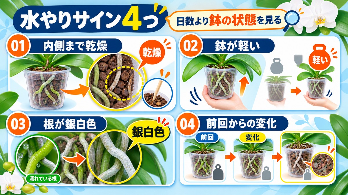 胡蝶蘭の植え込み材、鉢の重さ、根の色で水やり時期を確認する図