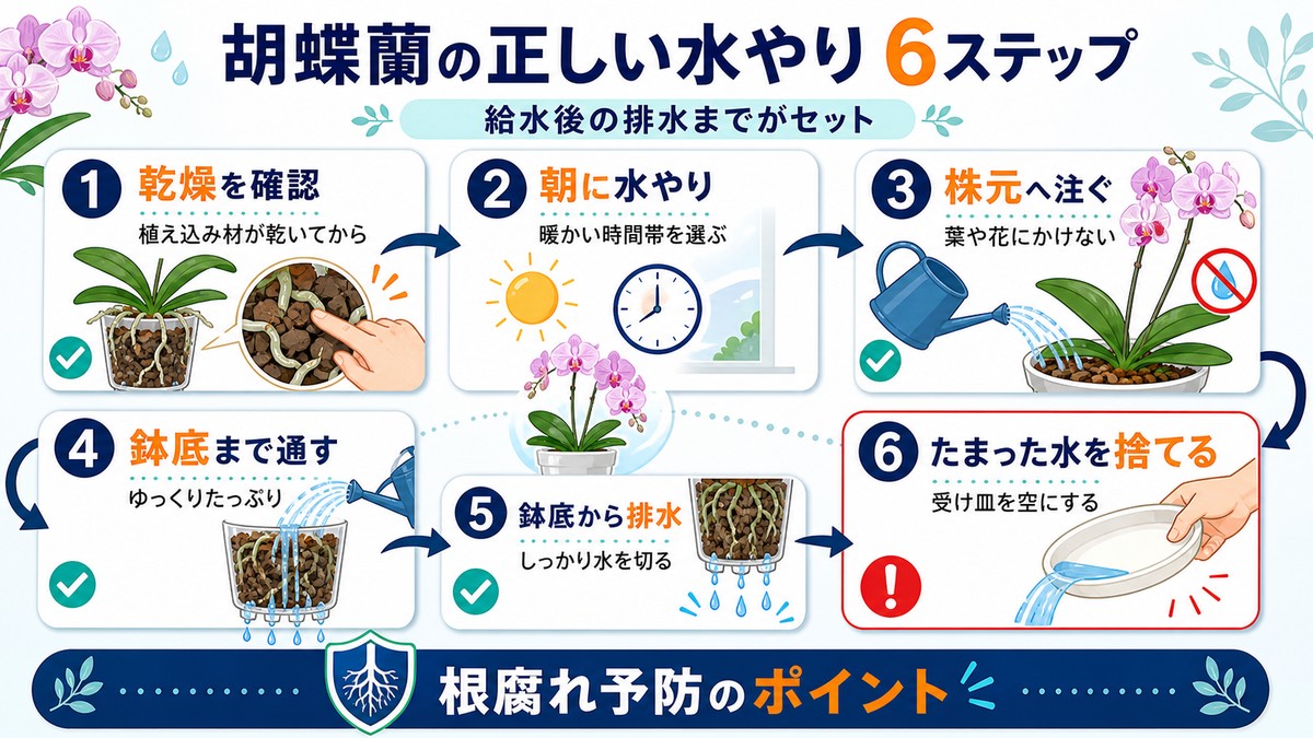 胡蝶蘭へ水を与えて鉢底から排水するまでの手順図