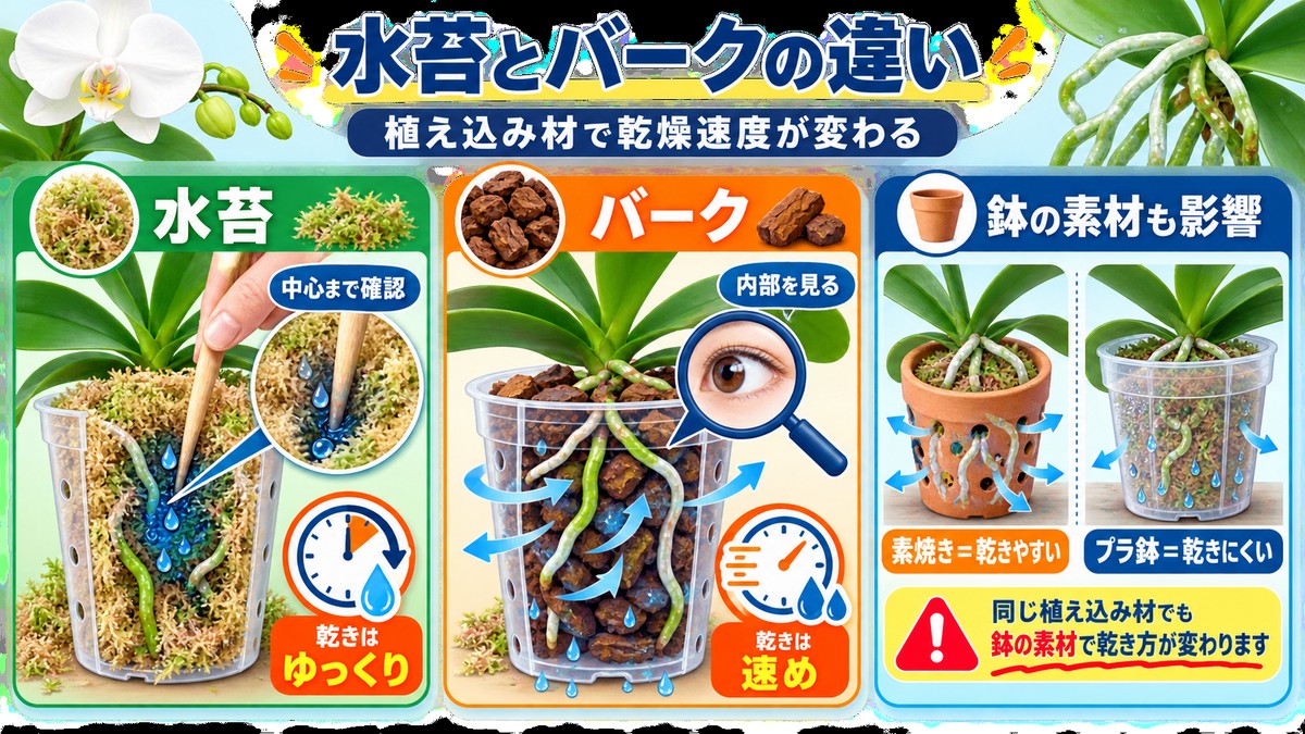 胡蝶蘭に使う水苔とバークチップの保水性を比較する図