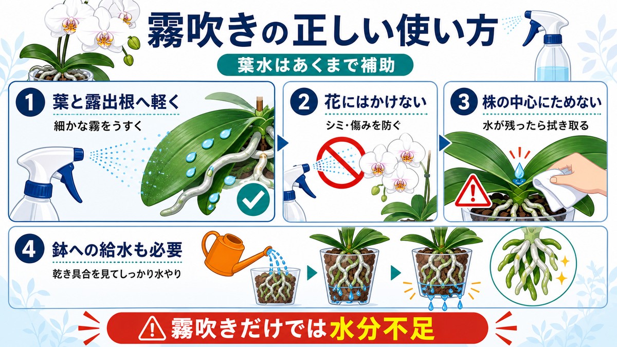 胡蝶蘭への葉水でぬらしてよい場所と避ける場所を示す図