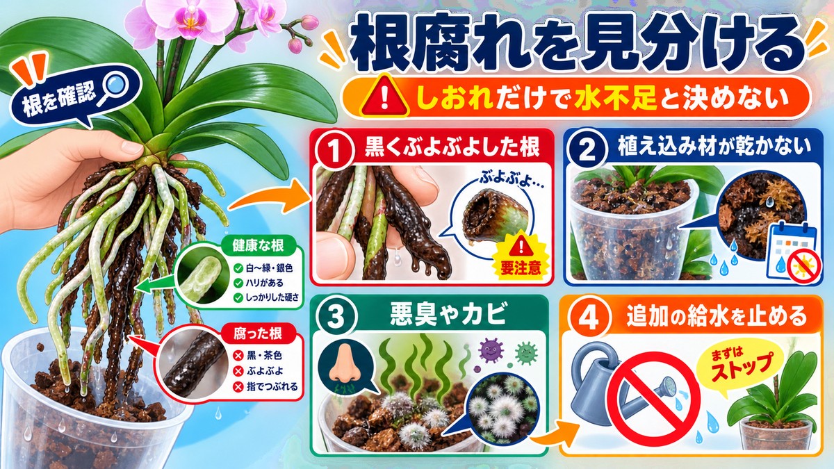 胡蝶蘭の健康な根と根腐れした黒い根を比較する図