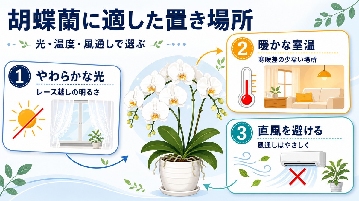 レースカーテン越しの明るい室内に置かれた白い胡蝶蘭