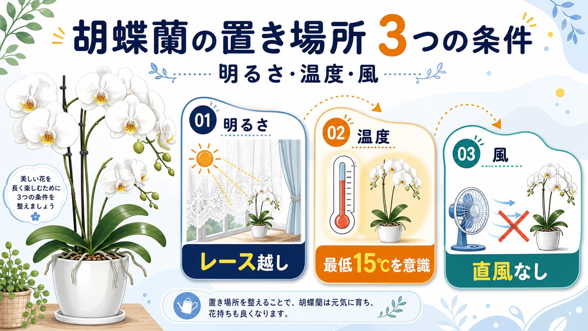 胡蝶蘭の置き場所に必要な光・温度・風通しを示す図