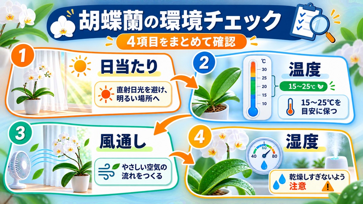 胡蝶蘭の置き場所を光・温度・風・湿度で確認する図解