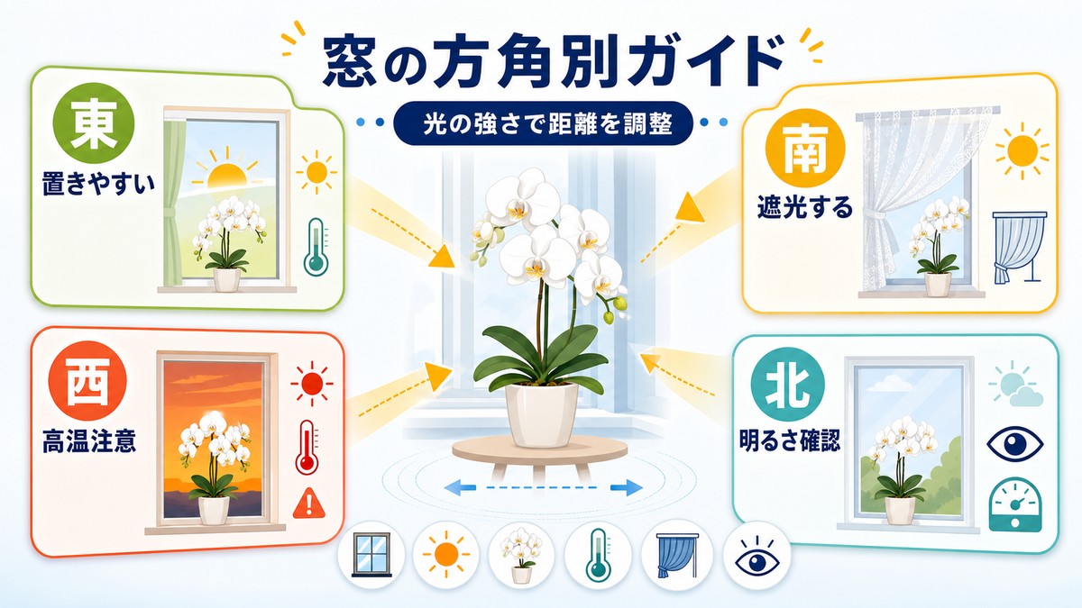 東西南北の窓と胡蝶蘭の置き方の比較図