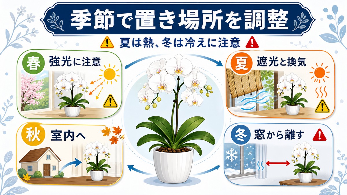 春夏秋冬に応じた胡蝶蘭の置き場所を示す図解
