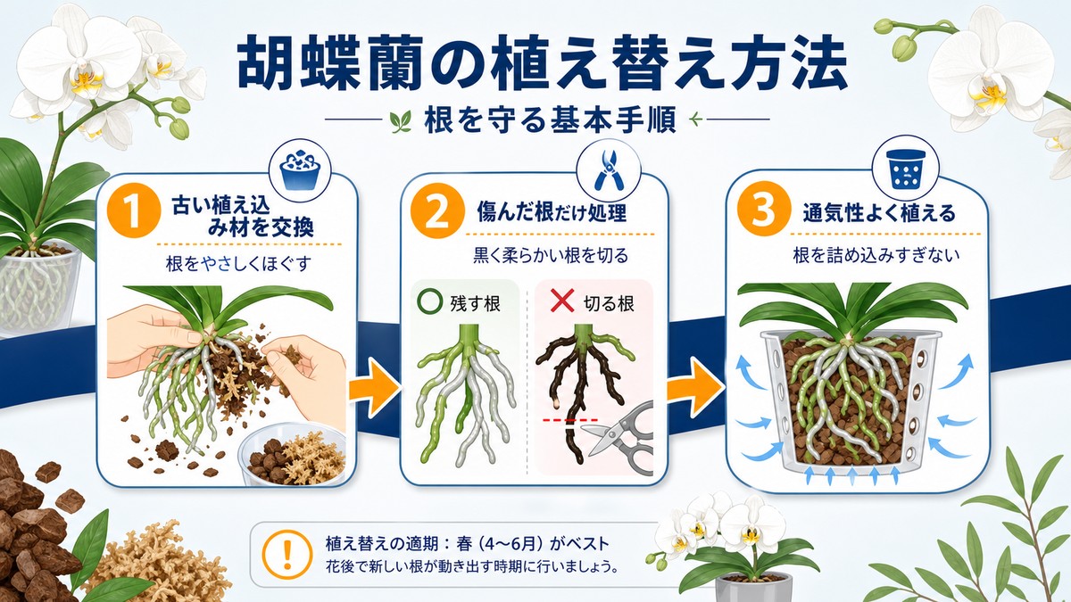 胡蝶蘭を新しい鉢へ植え替えている様子
