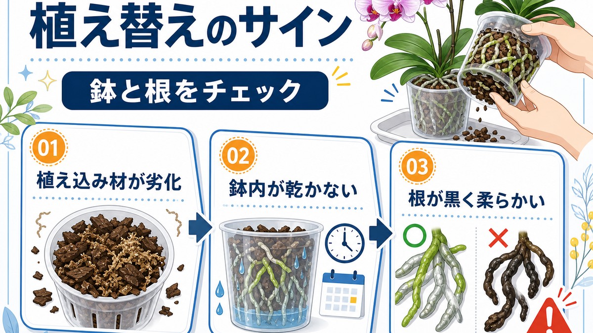 胡蝶蘭の植え替えが必要なサインを示す図解