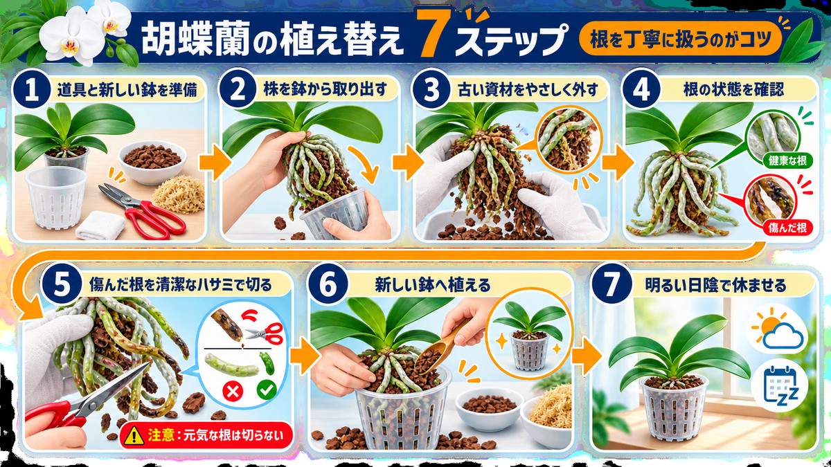 胡蝶蘭を鉢から取り出して根を整理する7つの手順