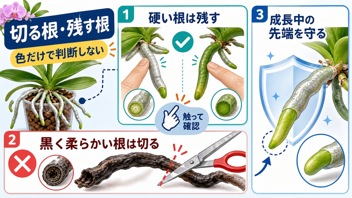 胡蝶蘭の健康な根と腐った根の見分け方