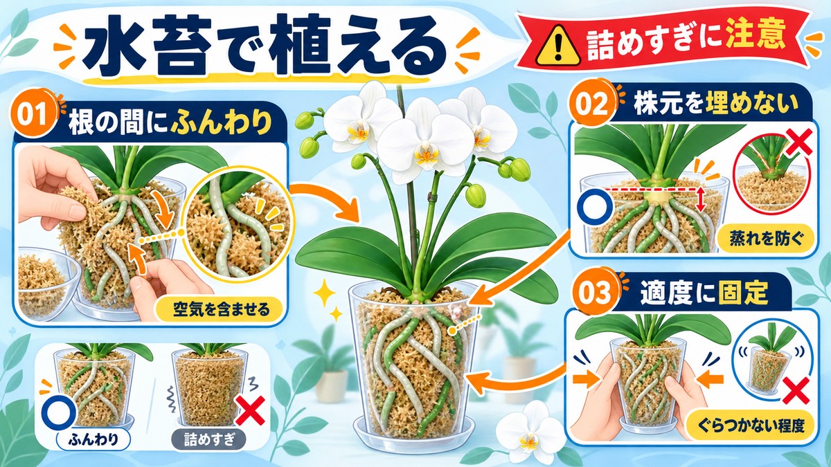 水苔で胡蝶蘭の根を包み素焼き鉢へ植える手順