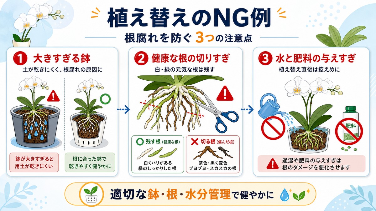 胡蝶蘭の植え替えで避けたい失敗を示す注意図