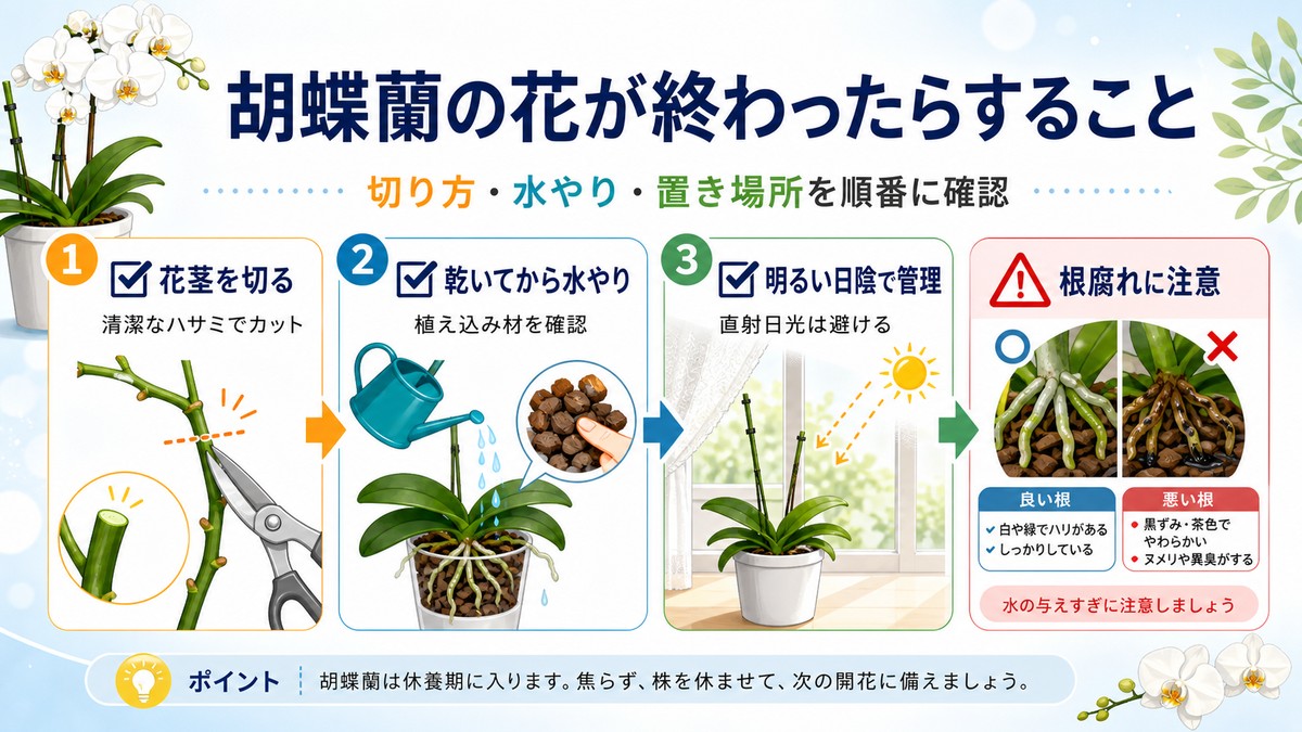 花が終わった胡蝶蘭と剪定後の育て方を示すイメージ