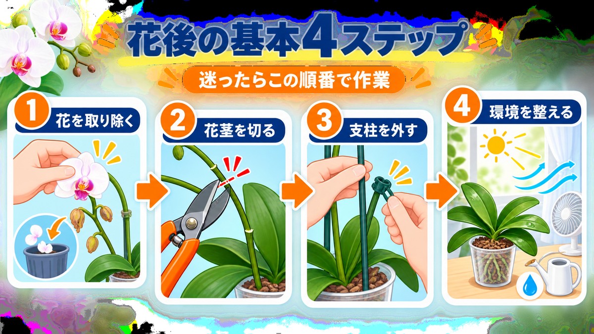 胡蝶蘭の花後に行う手入れの順番を示す図