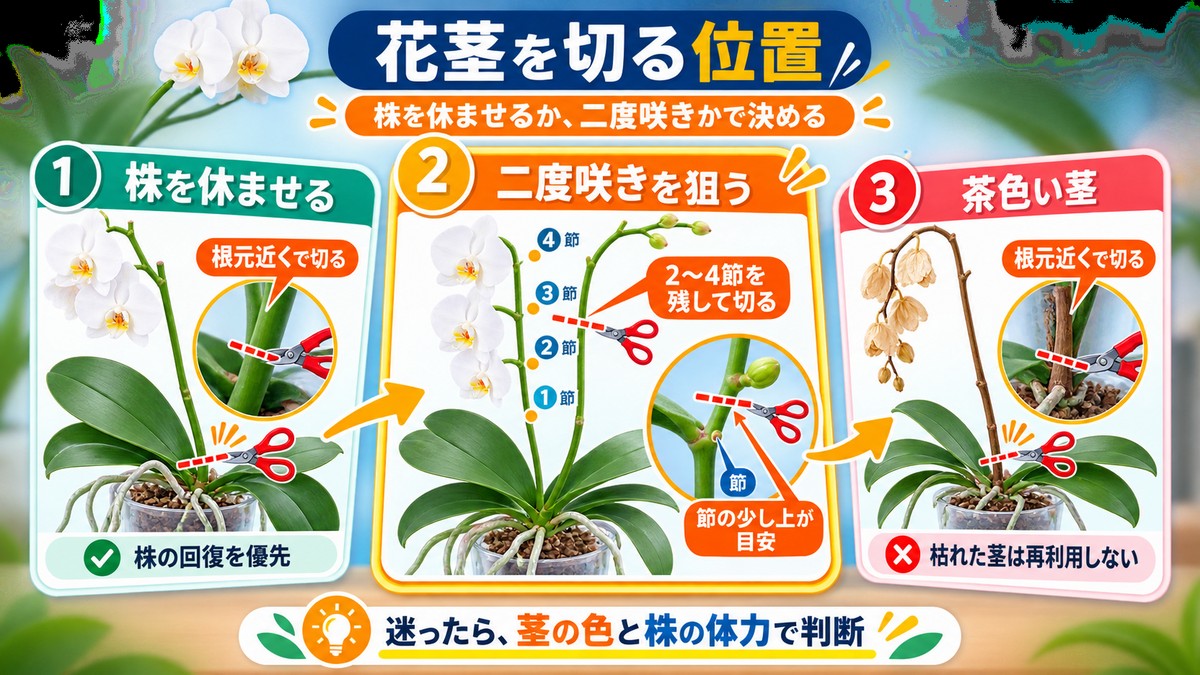 胡蝶蘭の花茎を根元で切る場合と節を残す場合の比較図