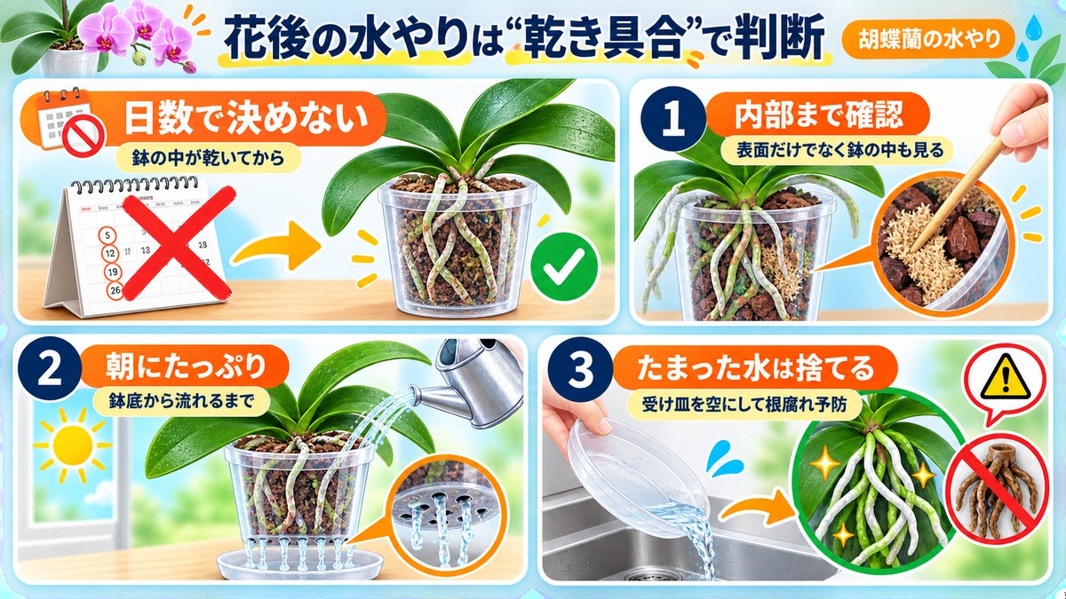胡蝶蘭の水苔が乾いてから水やりする流れの図