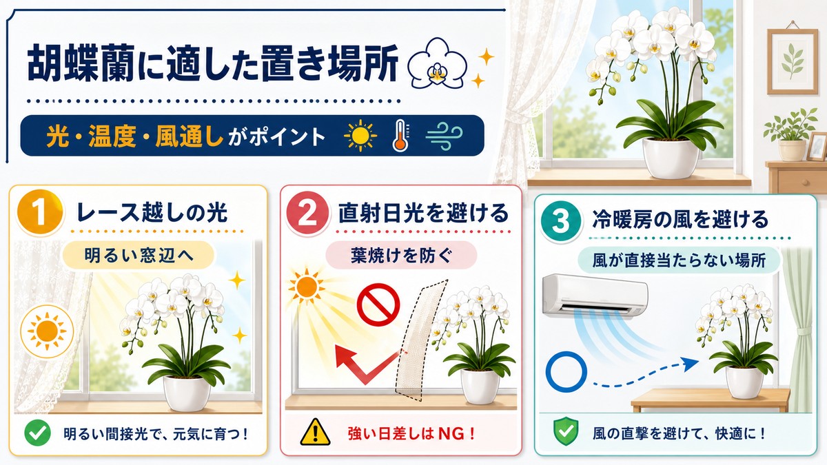 胡蝶蘭に適した明るい日陰と避けたい直射日光の比較図
