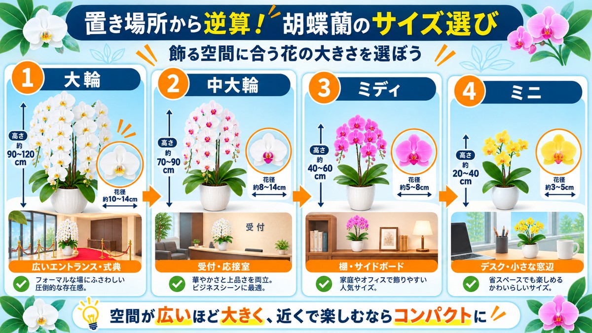 大輪、中大輪、ミディ、ミニ胡蝶蘭のサイズ感を比較する図