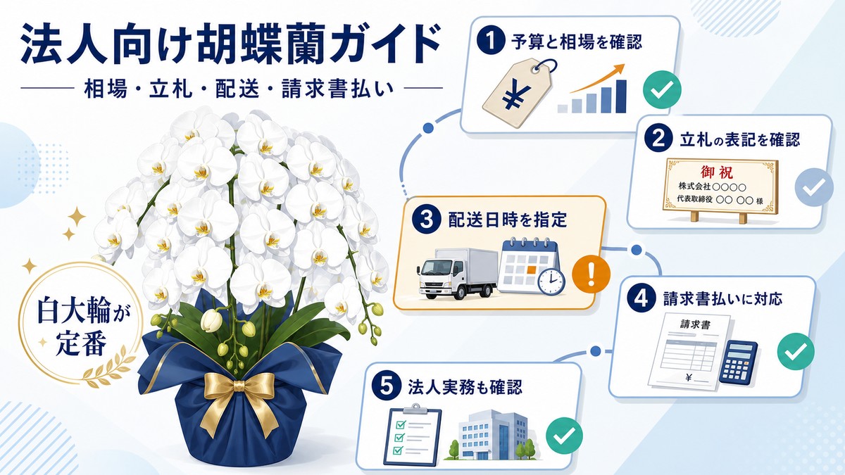 法人向けの白い大輪胡蝶蘭と立札を配した上品なオフィスエントランス