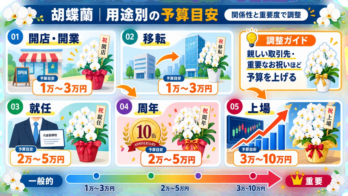 開店・移転・就任・周年・上場祝いの胡蝶蘭予算を比較する図解