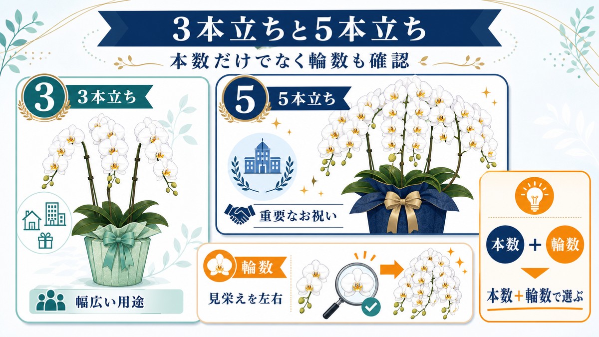 胡蝶蘭の3本立ちと5本立ちのボリュームや設置場所を比較する図解