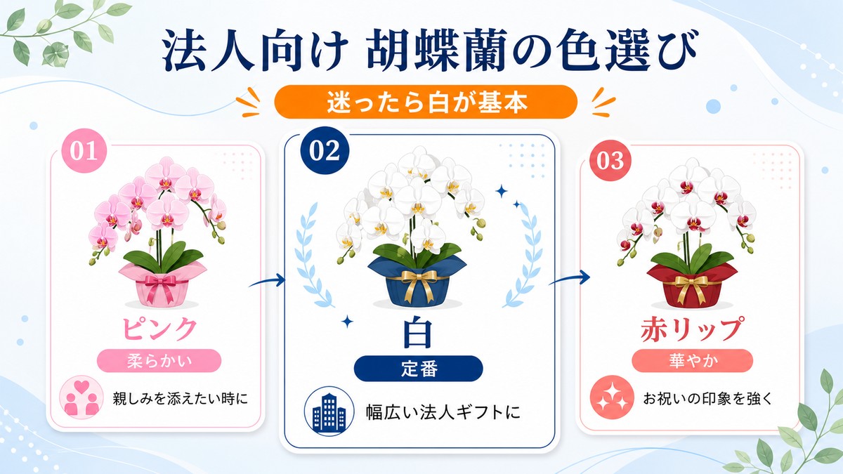 法人向け胡蝶蘭の白・赤リップ・ピンクの印象を比較する色選び図解